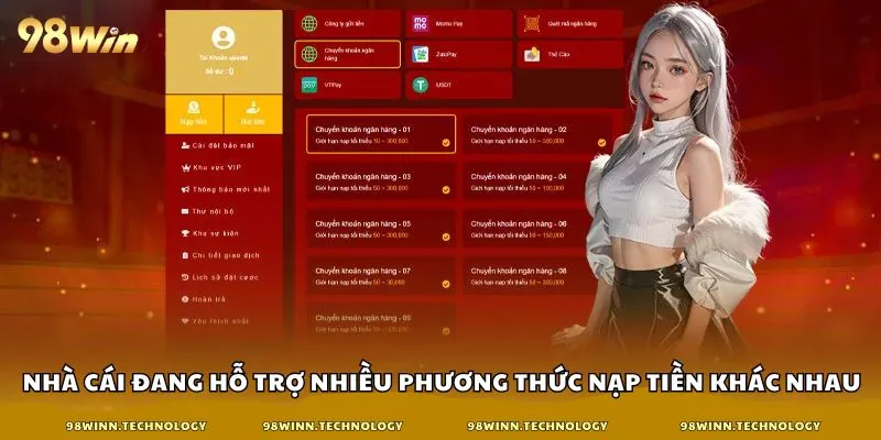 Nhà cái đang hỗ trợ nhiều phương thức nạp tiền khác nhau